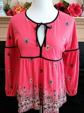 Lucky Brand Boho Floral Knit Top S Keyhole Tie 3/4 Lantern Sleeve Coral PInk